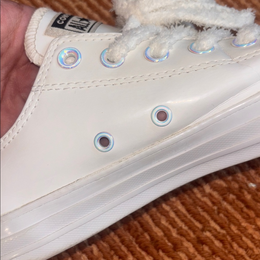 Converse White patent leather Sneaks size 8 iridescent hardware new fluffy laces - Picture 6 of 14
